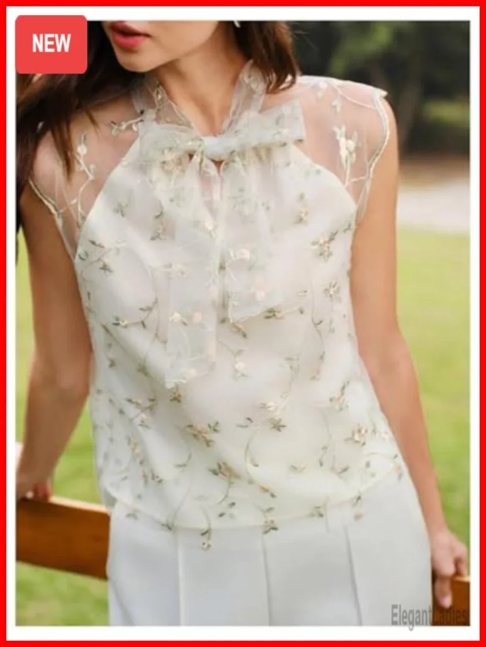 Sleeveless Floral Embroidery Sheer Mesh Blouse with Bow Tie Neck